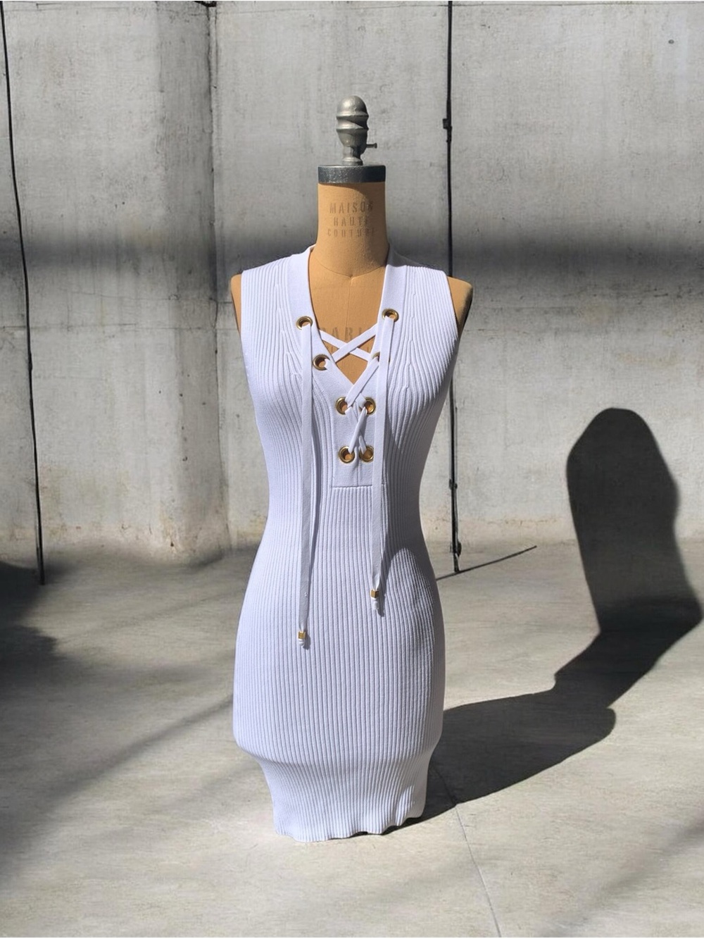 Michael Kors Winter White Ribbed Lace-Up Bodycon Mini Dress